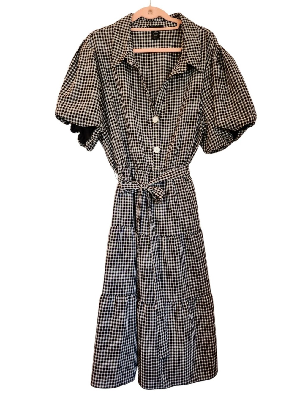 Stella & Julie Black/White Gingham Tiered Midi Dress Puff Sleeve Plus Size 3X